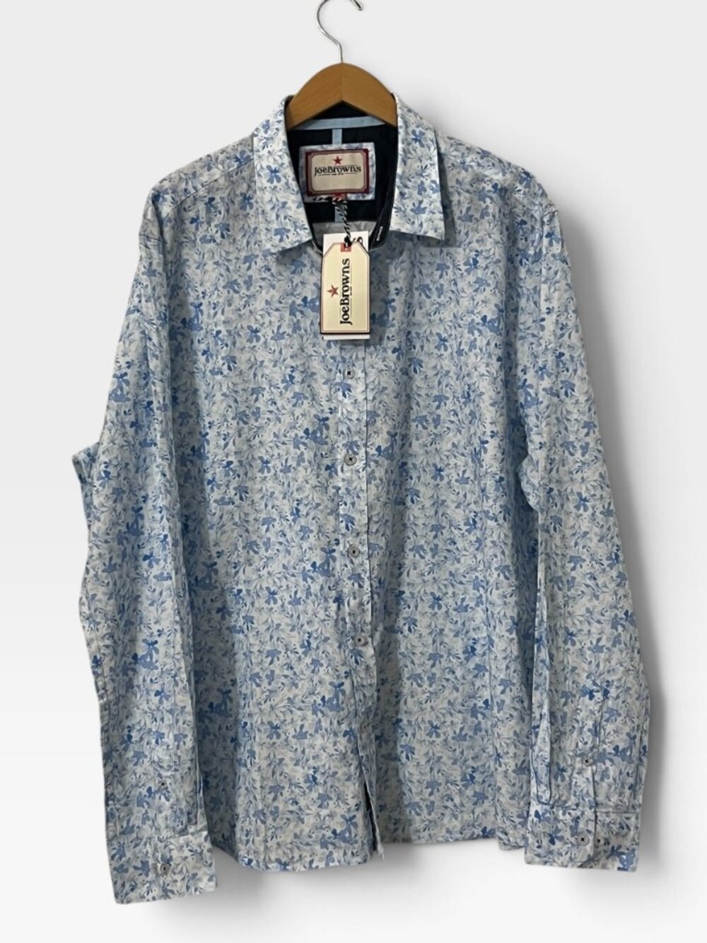 Joe Browns Men's XXL NWT Blue Floral Cotton Linen Shirt Long Sleeve Button Up
